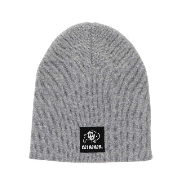 A gray uncuffed beanie with a black square patch on the center front. The patch has the CU Buffalo logo printed on it in white, as well as "Colorado" written in white block letter beneath it.